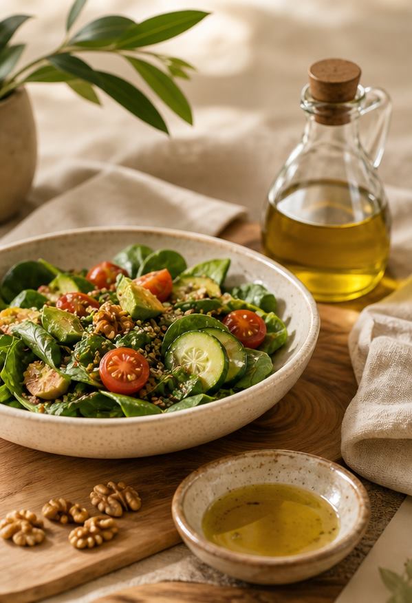 Bowl nutritivo com folhas e azeite