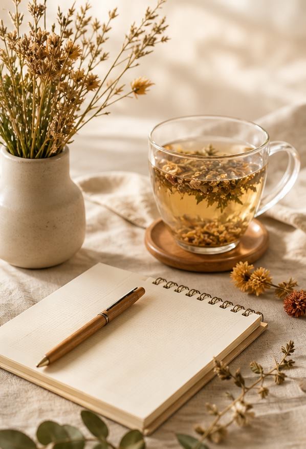 Caderno de consulta com chá e flores secas
